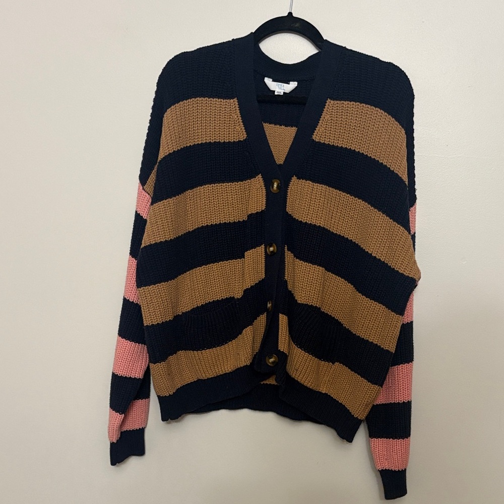 Time and Tru Navy, Tan, and Pink Striped Cardigan
